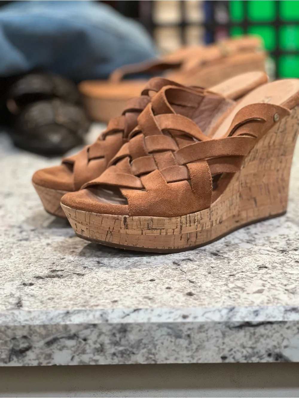 UGG Women’s Brown Suede Woven Cork Wedge Sandals